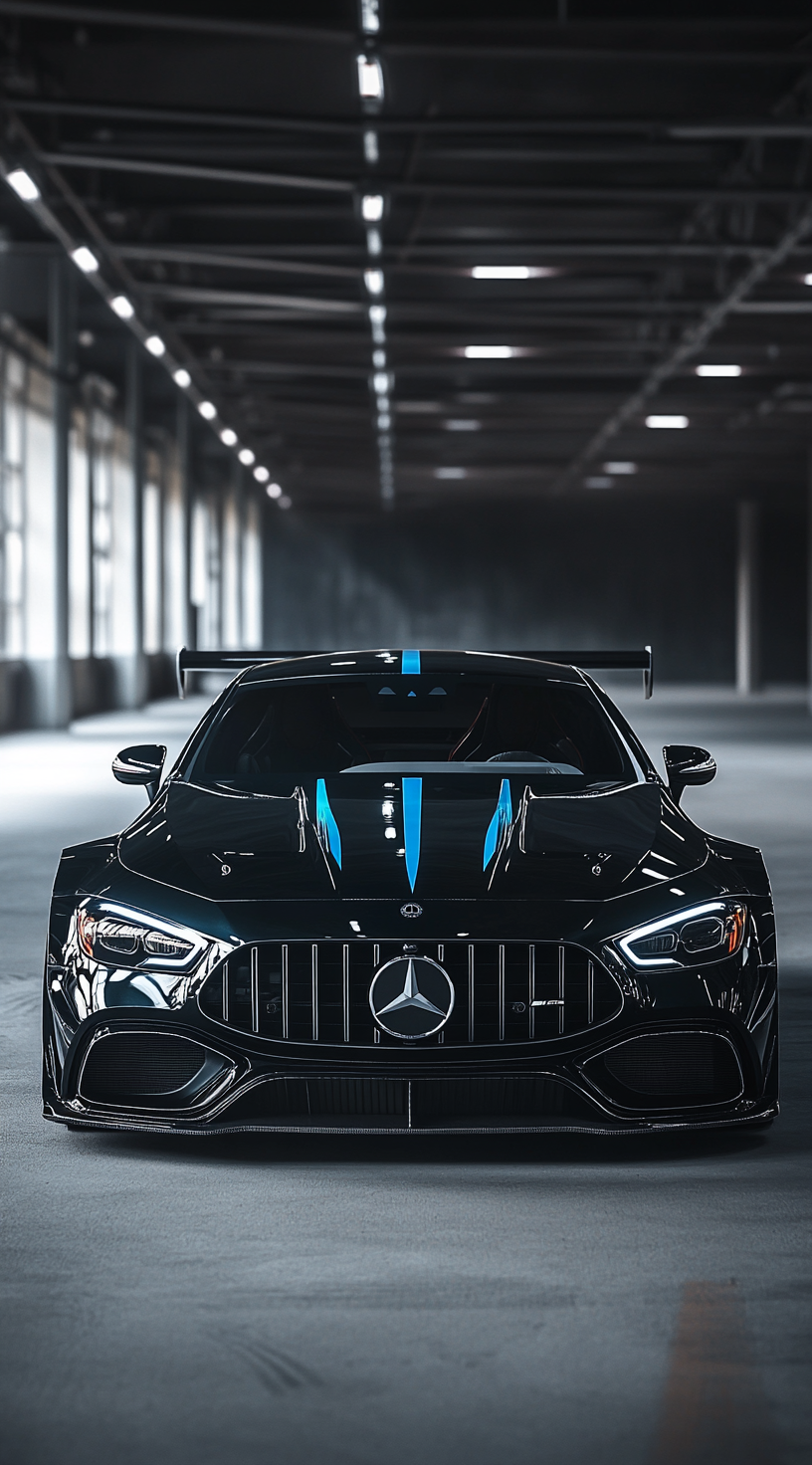 Black and blue Mercedes AMG GT63 coupe race car with large wing, parked in dark garage, front view