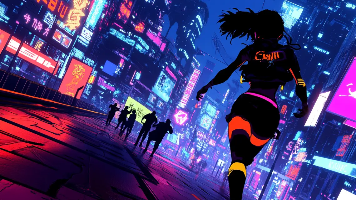 Girl chased by gang in neon cyberpunk city, high-energy action.