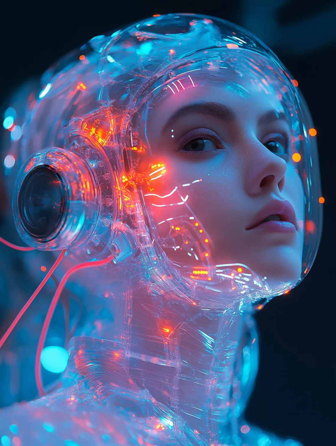 Portrait of a cyborg astronaut woman with plexiglass features, cables, wires, and LED lights.