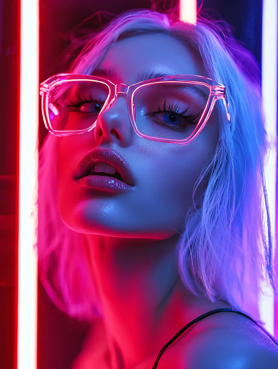 A sleek, futuristic woman with neon accents stands out in a glowing Kiev club.