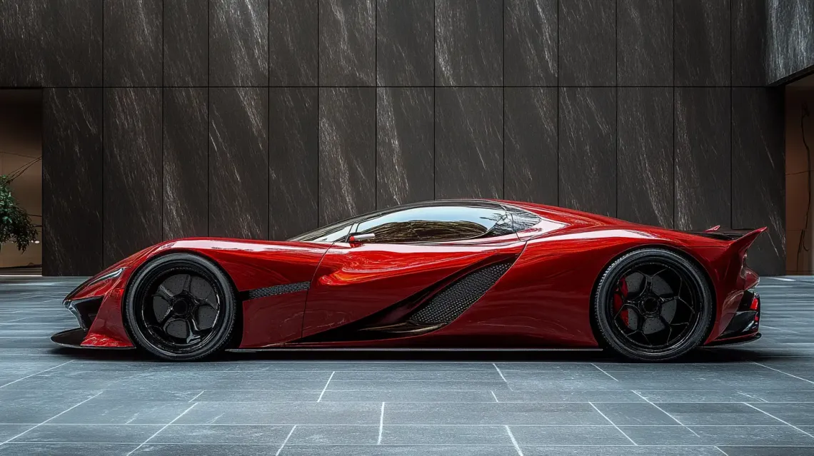 Futuristic hypercar concept with aerodynamic design, a carbon-fiber body, and a sleek profile.