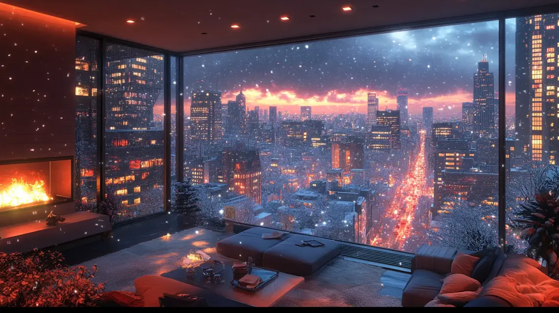 Stylish living room with minimalist decor, fireplace, and snowy city view.