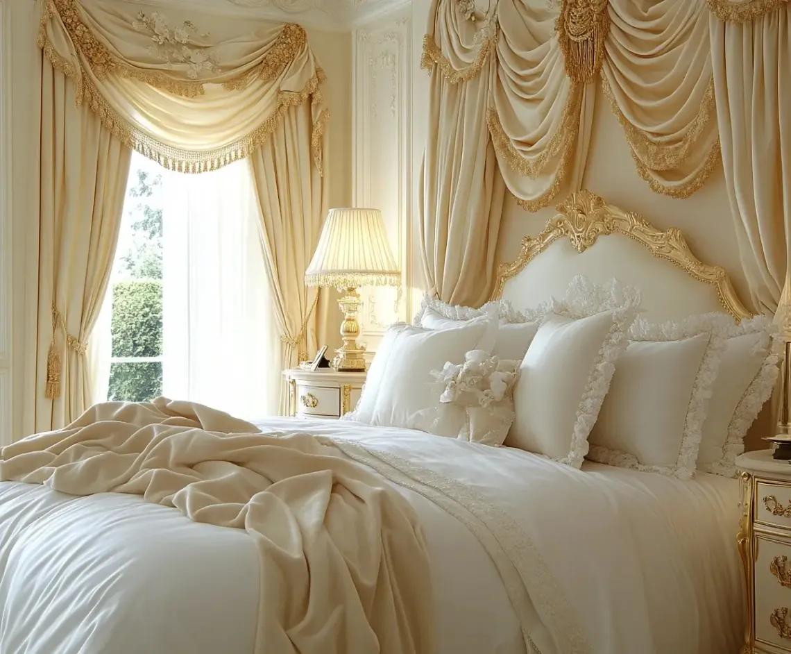 Cozy bed with white plush comforter and gold headboard, reflecting a clean, modern and opulent style.