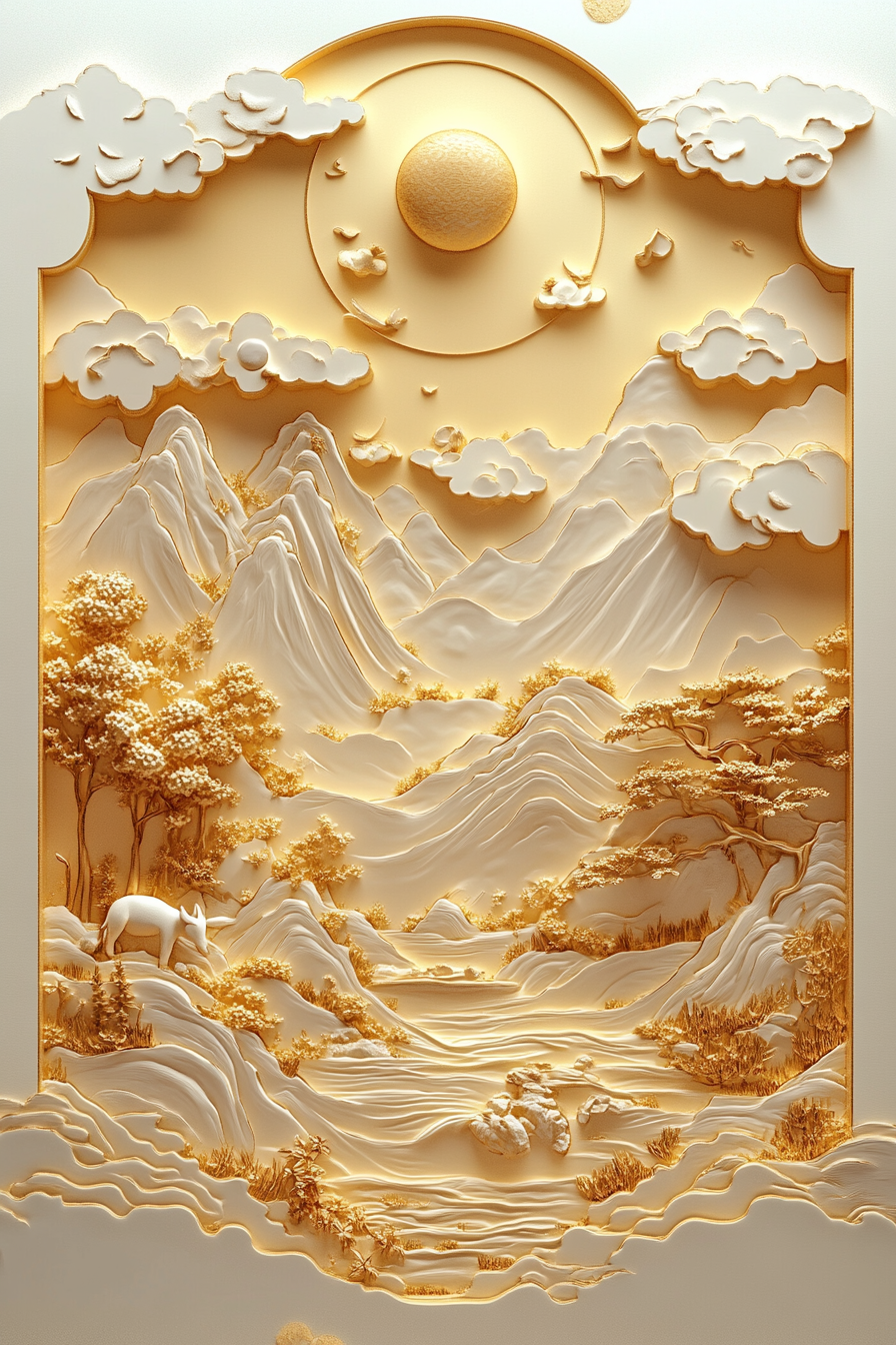 3D relief in Chinese art style featuring mountains, rivers, animals, and floating clouds in golden tones