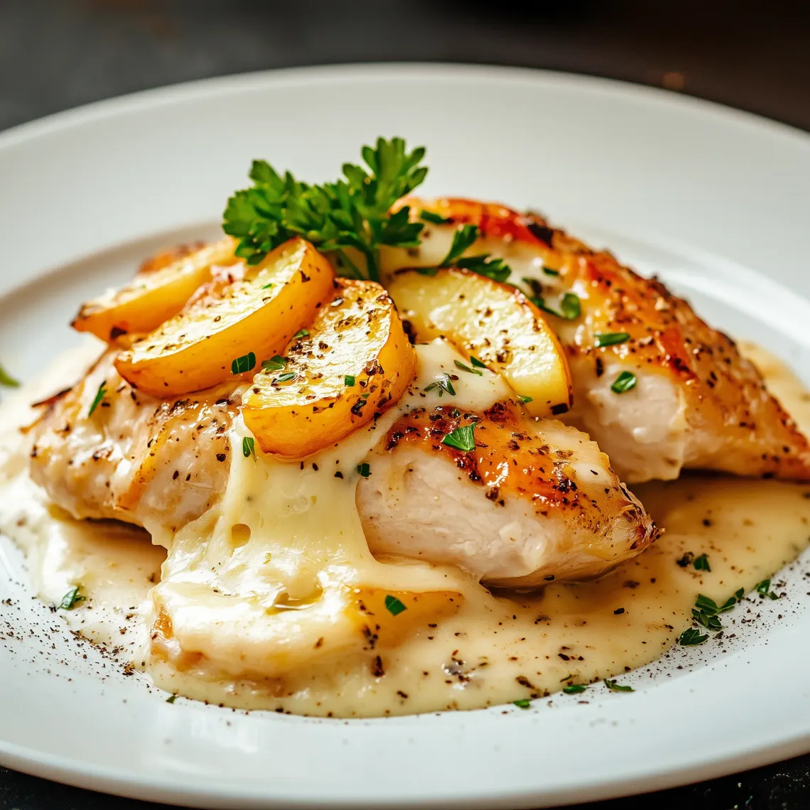 Plate with golden chicken and savory potatoes, evoking homestyle comfort.