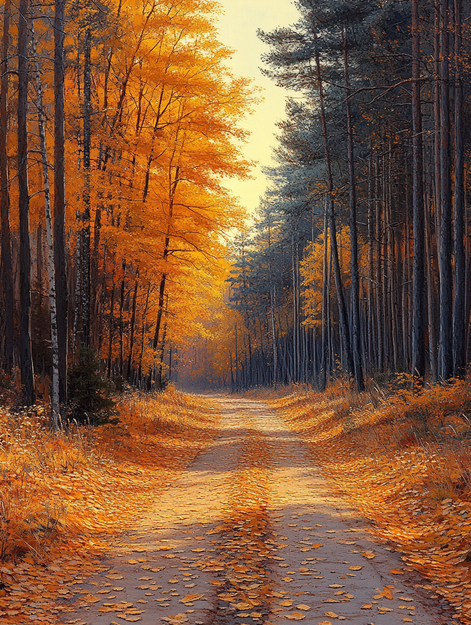 Forest path covered in golden leaves with sunlight filtering through maple and oak trees, creating a fairytale autumn scene.