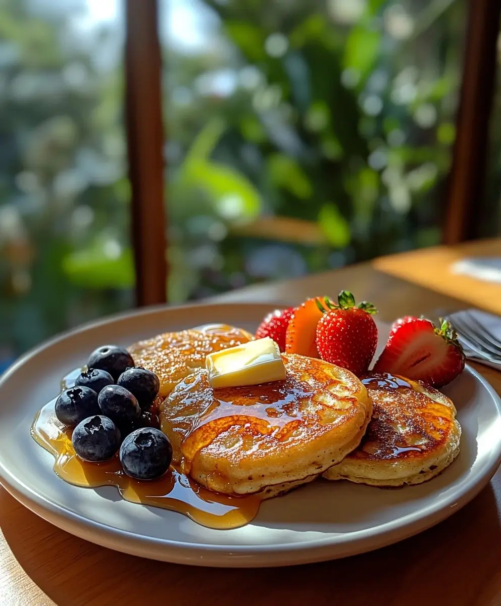 Golden-brown stack of pancakes drizzled with syrup and served with fresh colorful berries.