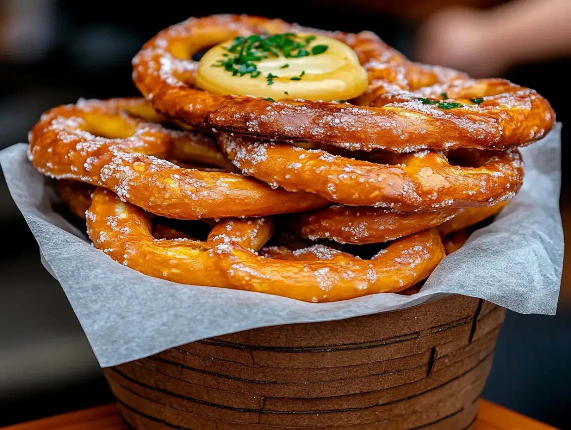 Basket of golden-brown pretzels topped with creamy chive butter, offering a mouthwatering savory snack.