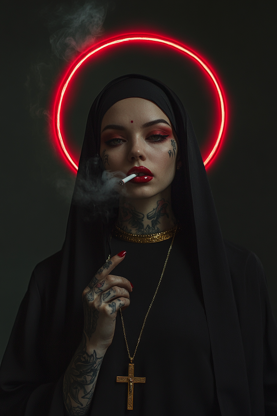 Tattooed nun in black veil with red halo, smoking a cigarette against a dark background