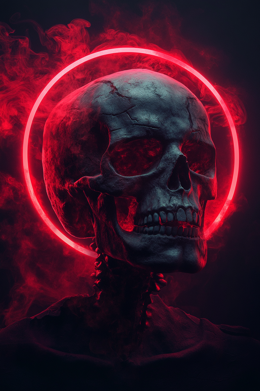 Moody gothic skull with a glowing red halo, calm expression, and soft smoke against a dark background.