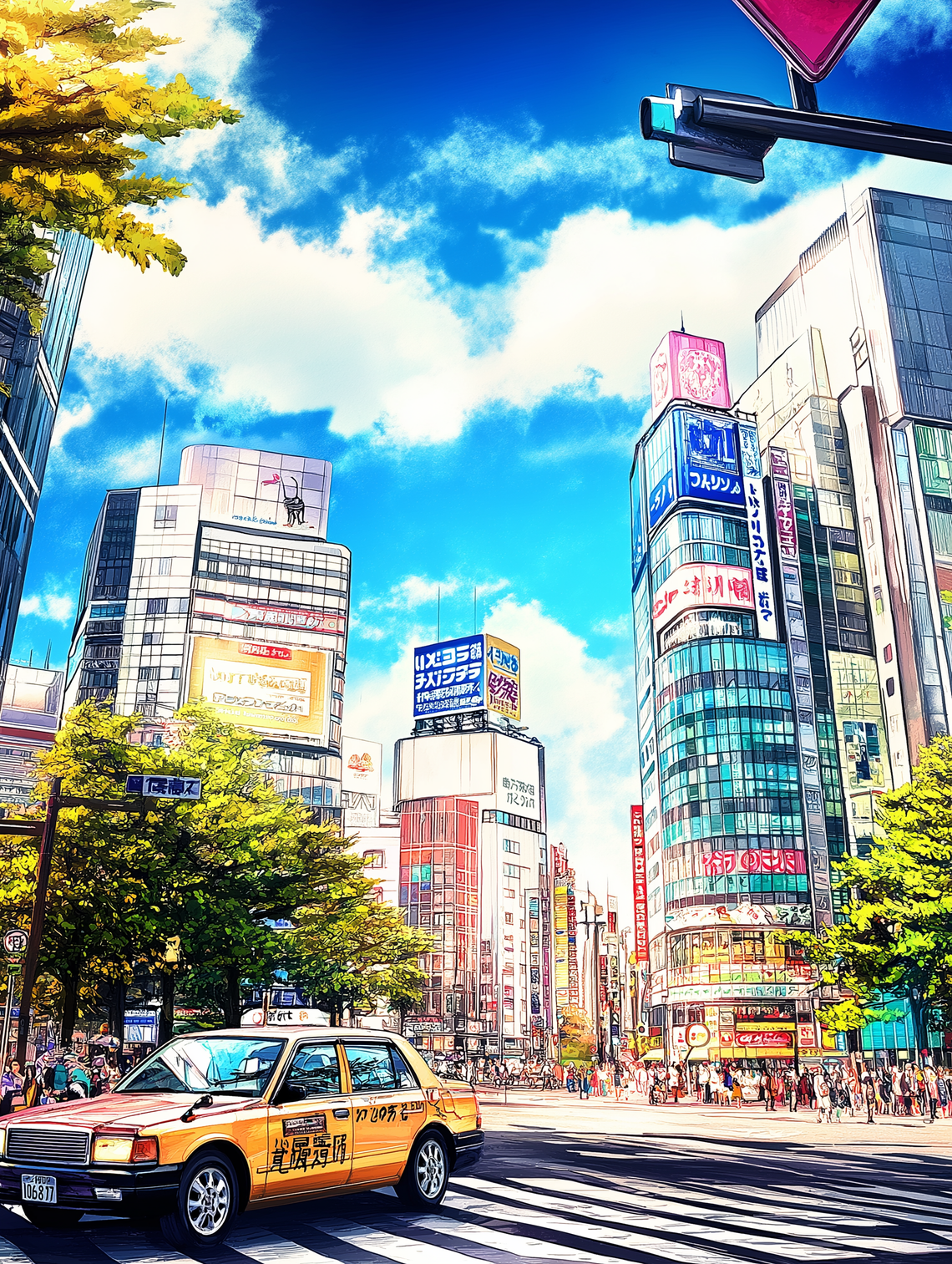 Gouache painting of Tokyo’s Shibuya Crossing with pink, orange, red, and blue hues in a flat, simple style