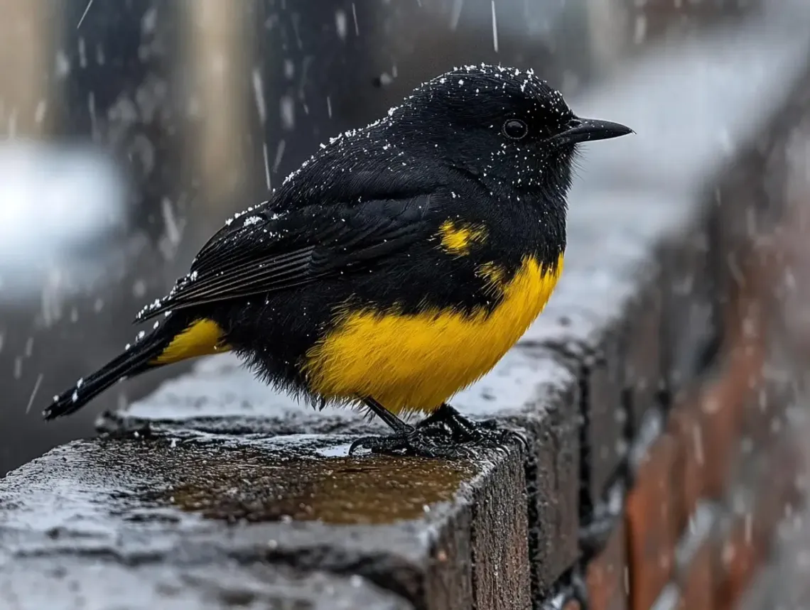 Small bird perched on a snow-covered brick wall showcasing a serene winter atmosphere