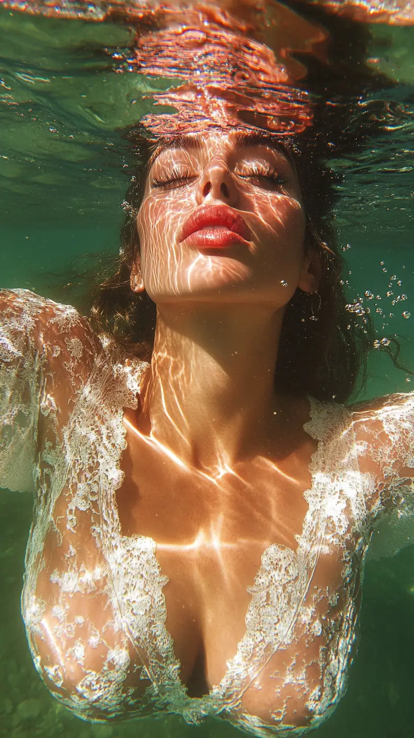 Woman in a bikini floating underwater, surrounded by clear water.