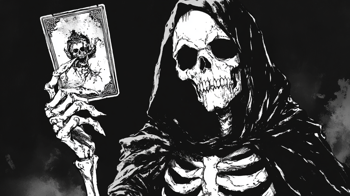 Black and white illustration of a hooded skeleton holding a tarot card, in grim dark, Warhammer-inspired style.