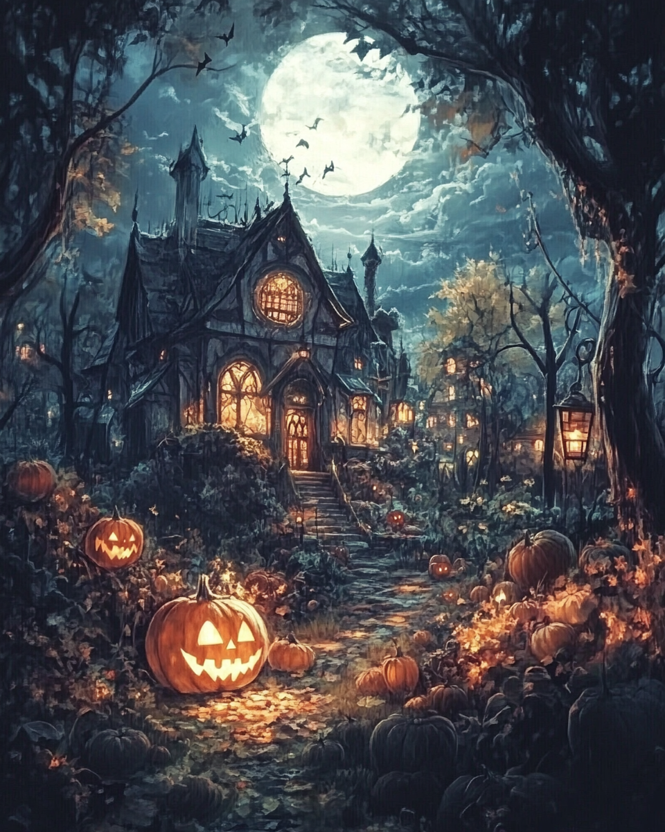 A spooky horror castle illuminated by a full moon, with carved pumpkins scattered around in a classic Halloween scene.