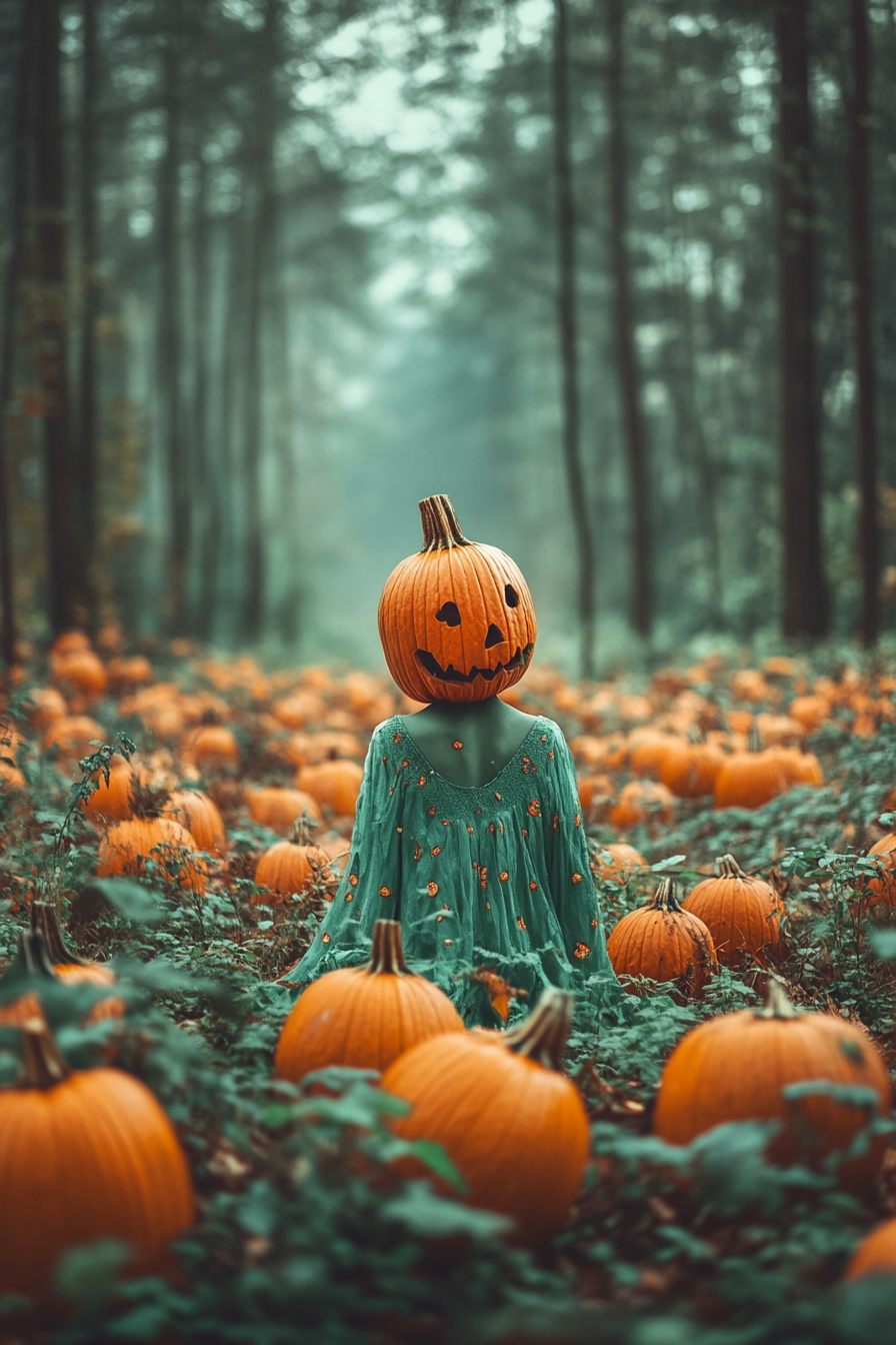 Woman in a spooky forest surrounded by pumpkins, Halloween-themed scene