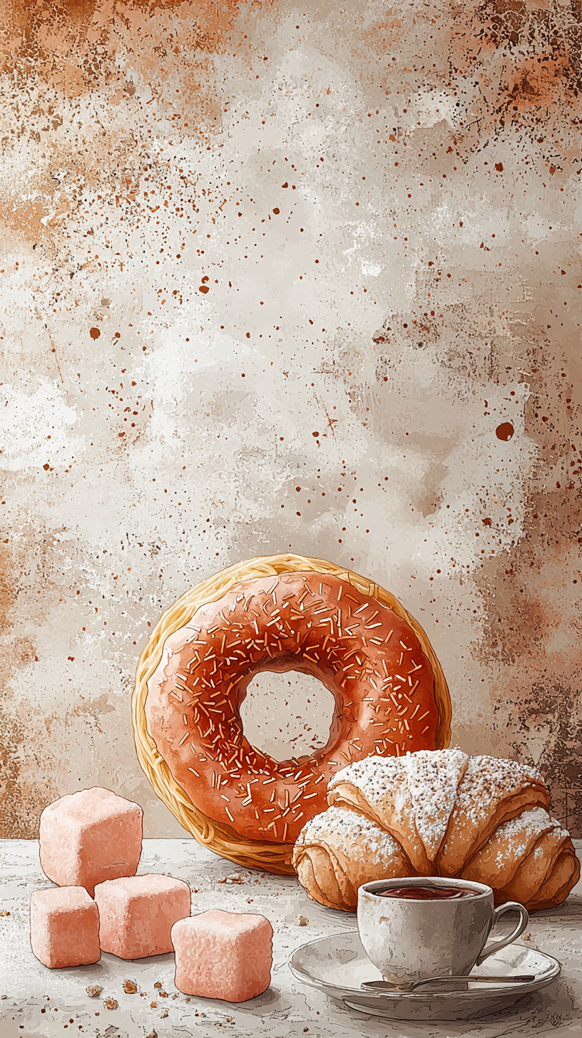 Artistic poster featuring a donut and croissant in soft beige and pink-brown tones.