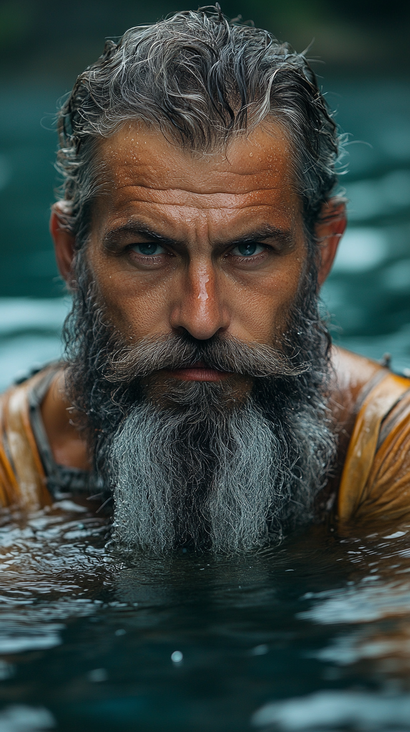 Man around 50 with a beard, emerging from the water, looking strong and charismatic