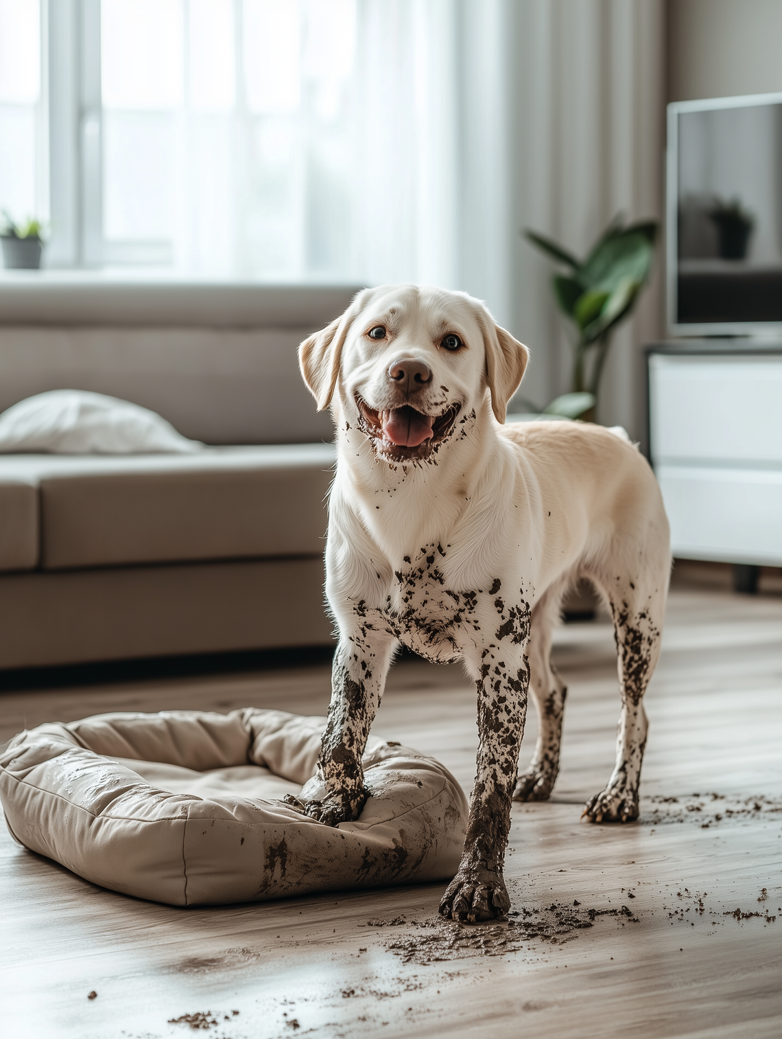 A cheerful white dog with slightly muddy paws stands in front of a dog bed on a wooden floor in a modern living room.