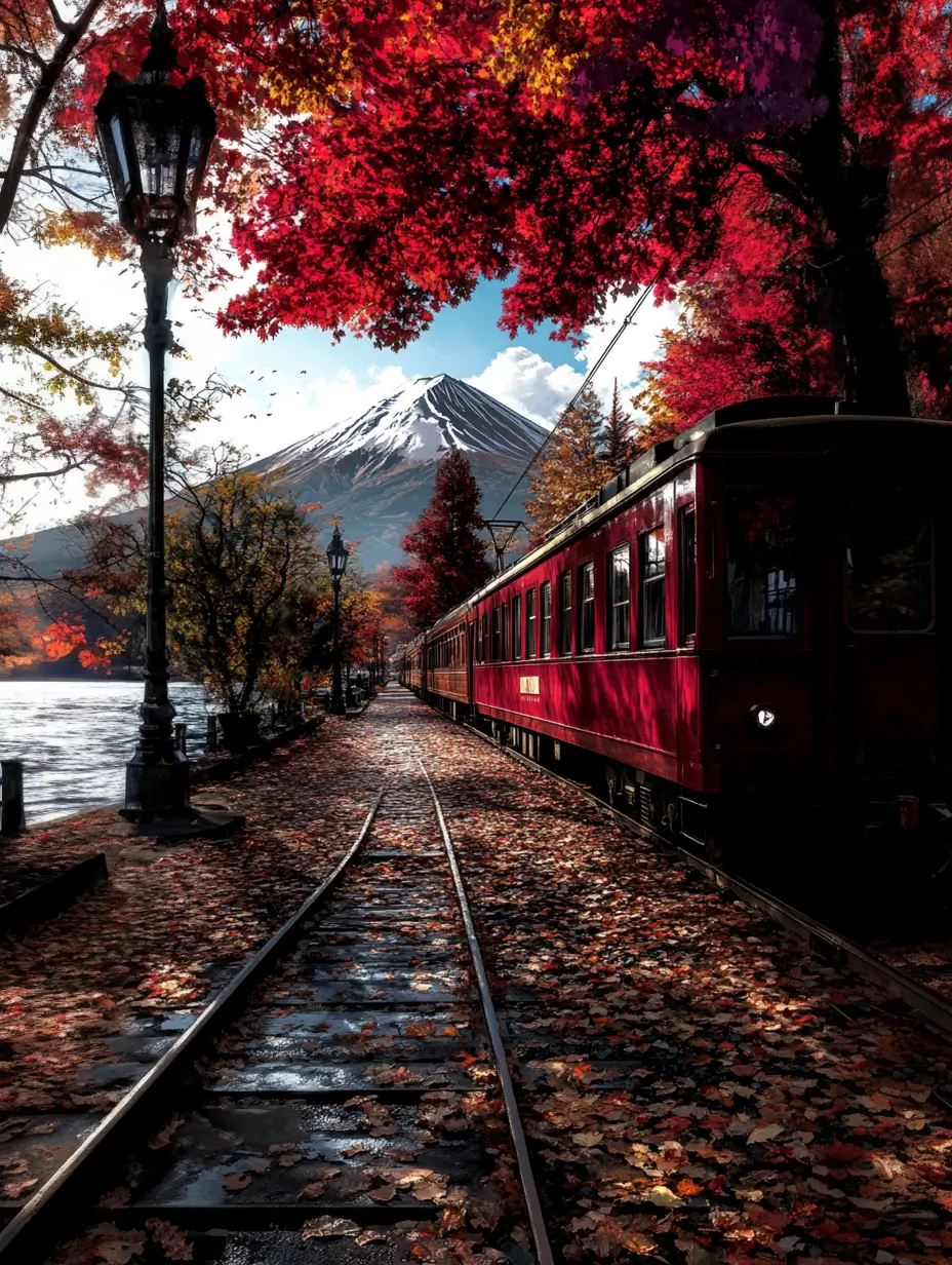 Train moving down tracks alongside a dense forest, representing nature and transportation coexistence.