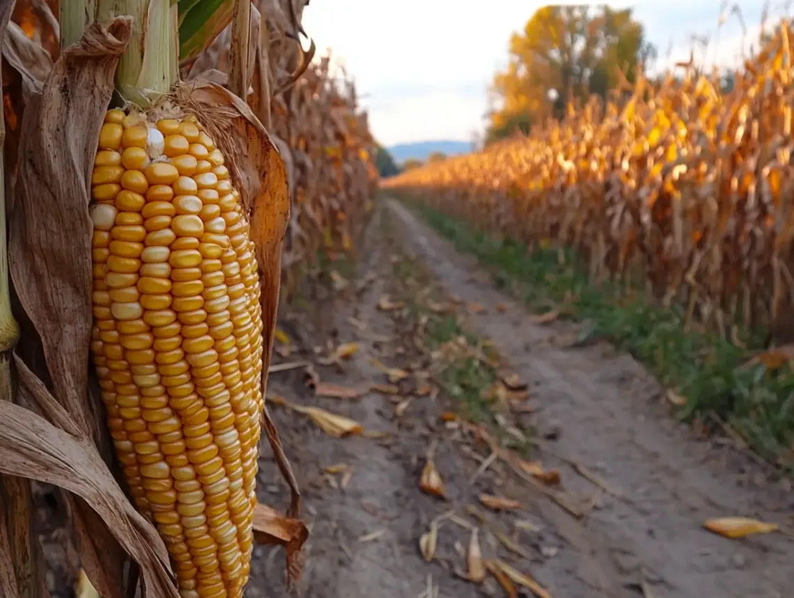 Fully developed corn cob hanging on a stalk in a vast, thriving cornfield, symbolizing abundance and rural tranquility.