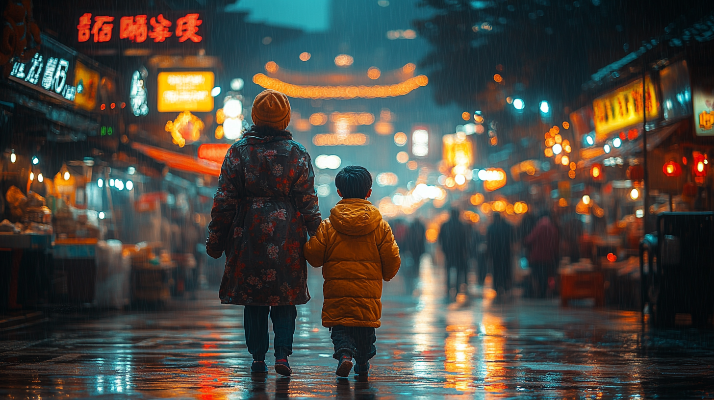 Extreme wide shot of a 10-year-old Taiwanese boy and his grandmother walking together at a Taiwan night market in 1991.