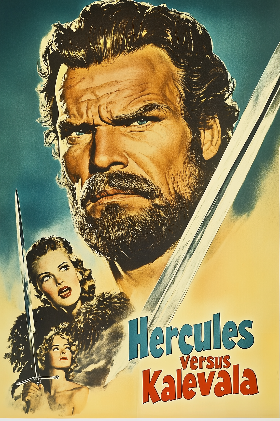 Vintage movie poster for 1962’s "Hercules versus Kalevala" with Hercules battling mythical Finnish warriors