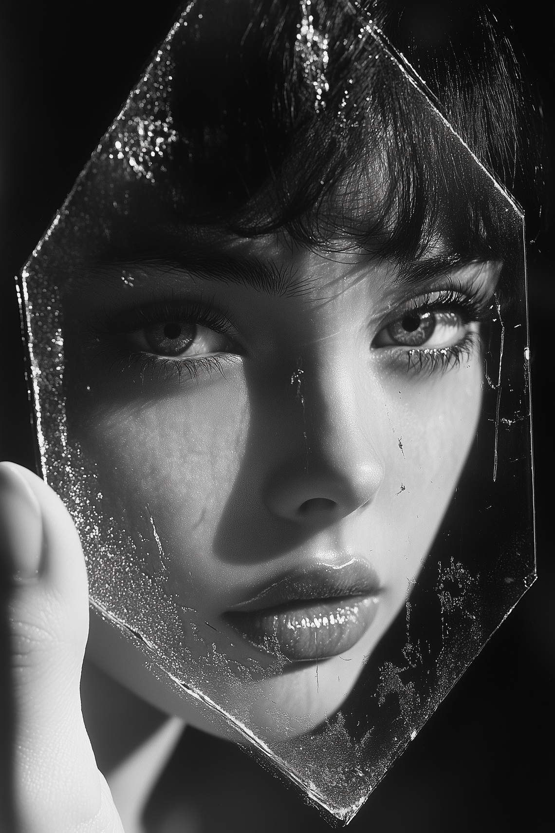 Hand holding hexagon glass piece with young woman’s face in black and white, distorted eye reflection