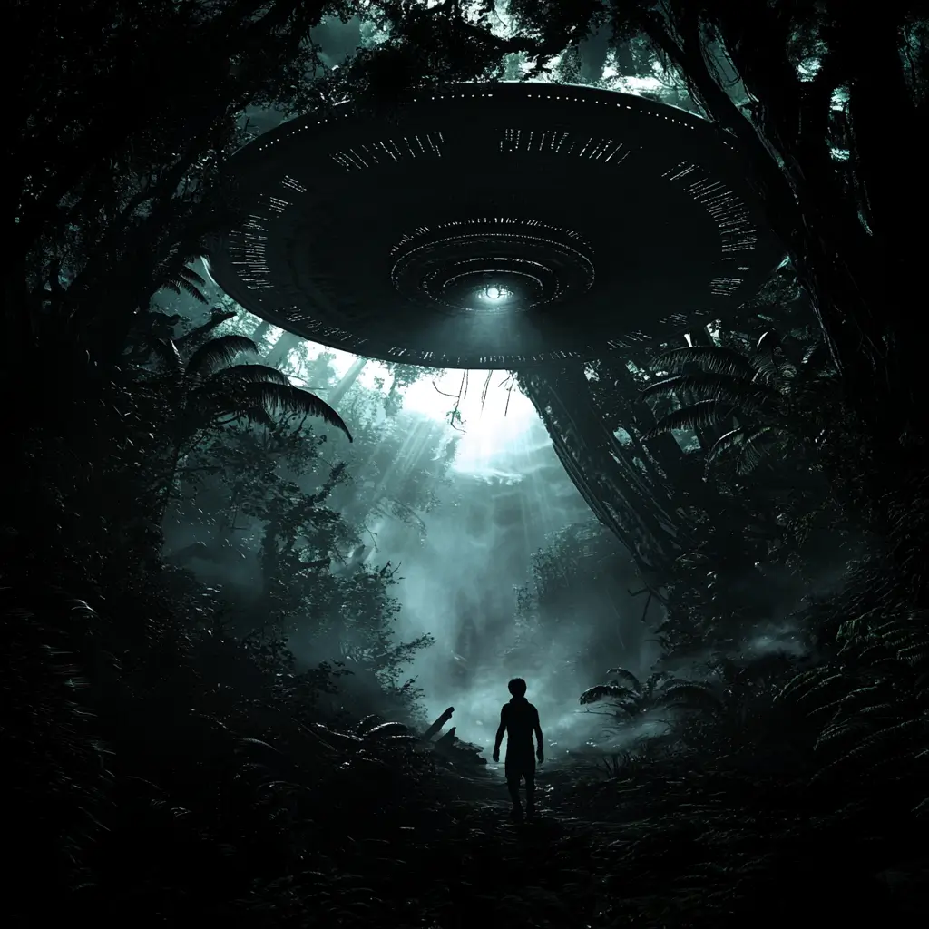 UFO in woods, dark atmospheric lighting with fine detail and shadows.