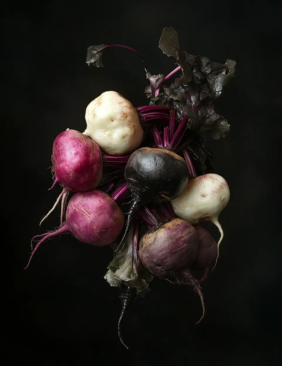 Moody photo of colorful beets on black background, high-contrast style.