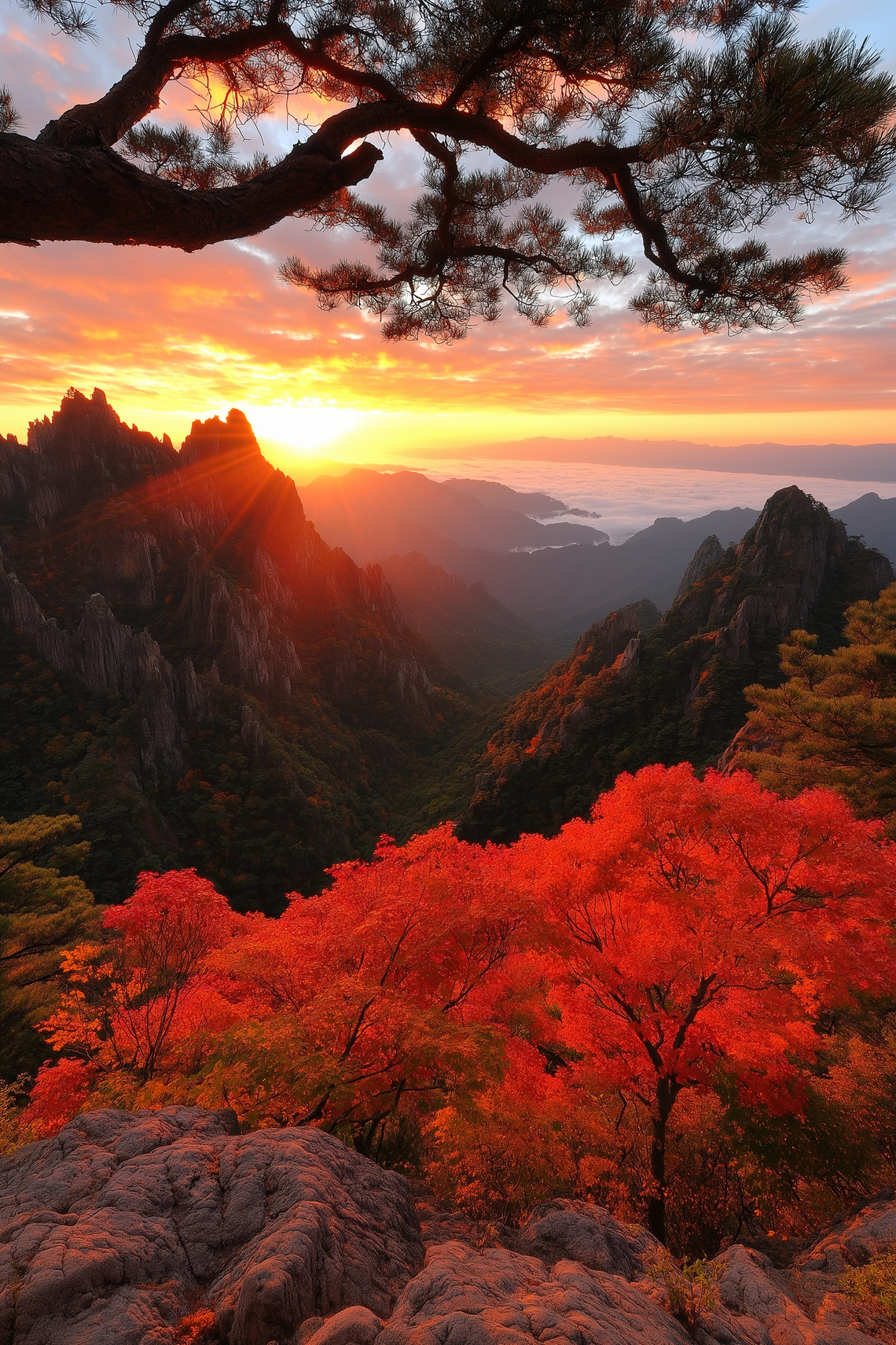 Sunrise over Huangshan mountains with sea of clouds, red and orange sky, and delicate red maple trees