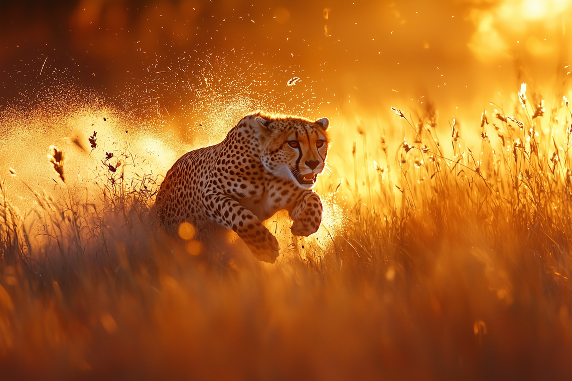 High-speed photo of a cheetah sprinting across the savannah grasslands at golden hour