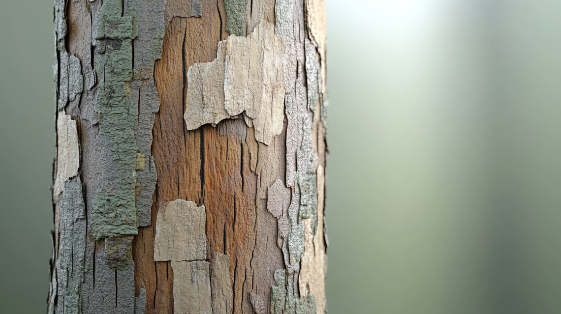 3D render of tree bark with realistic peeling texture, highly detailed