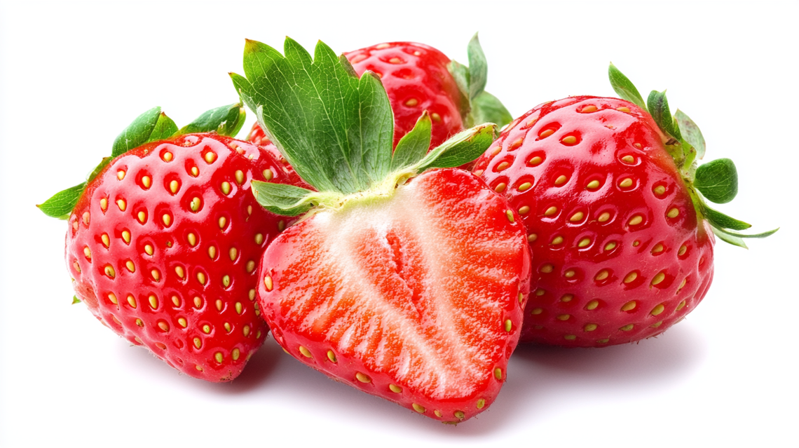 Close-up of strawberries with intricate details on seeds, texture, and color