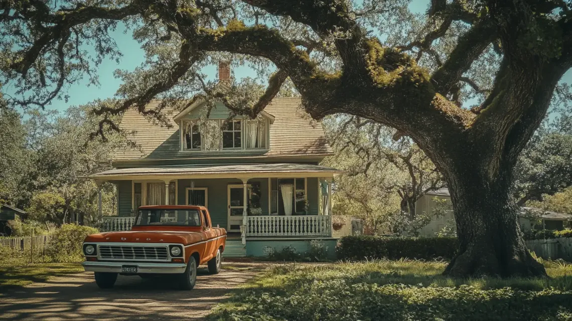 Historic 1890 house with oak tree and Ford pickup truck parked in front.