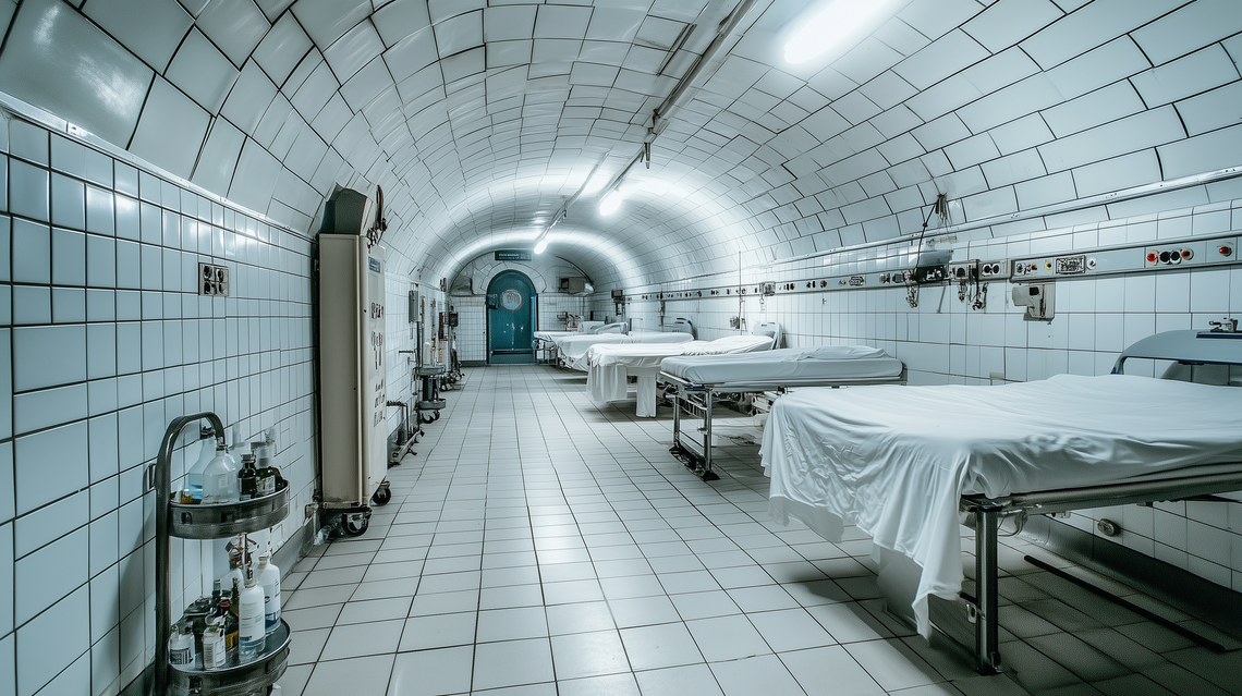 Sterile hospital room with white tile walls and floor, low-hanging lamps, beds, and medical equipment