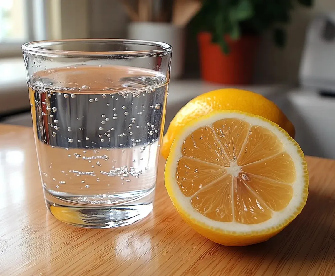 Brightly lit image of a clear glass filled with water and a juicy half lemon floating in it, placed on a flat surface.