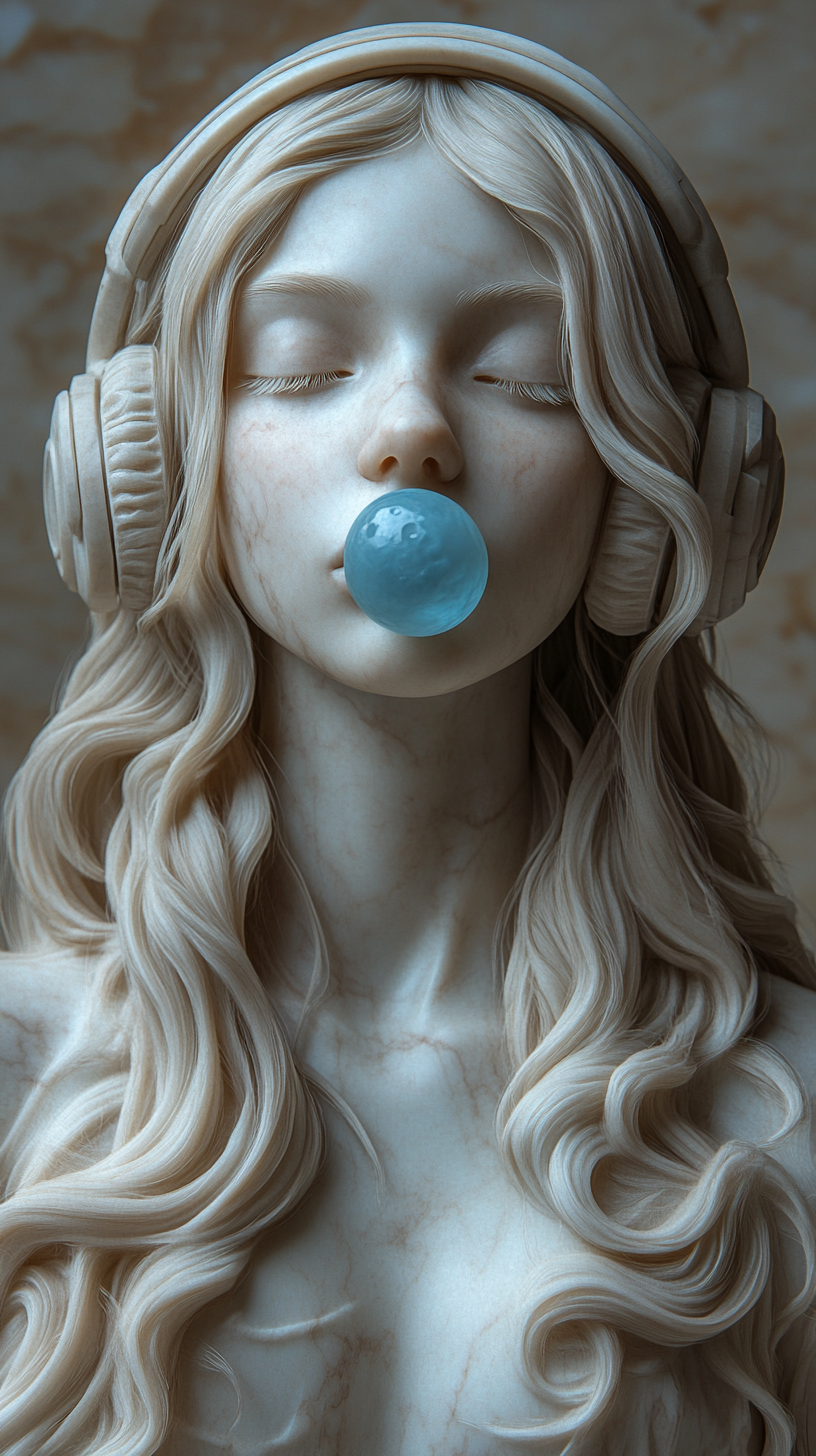 Marble statue of a woman with long hair, wearing white headphones and blowing a blue bubble of gum.