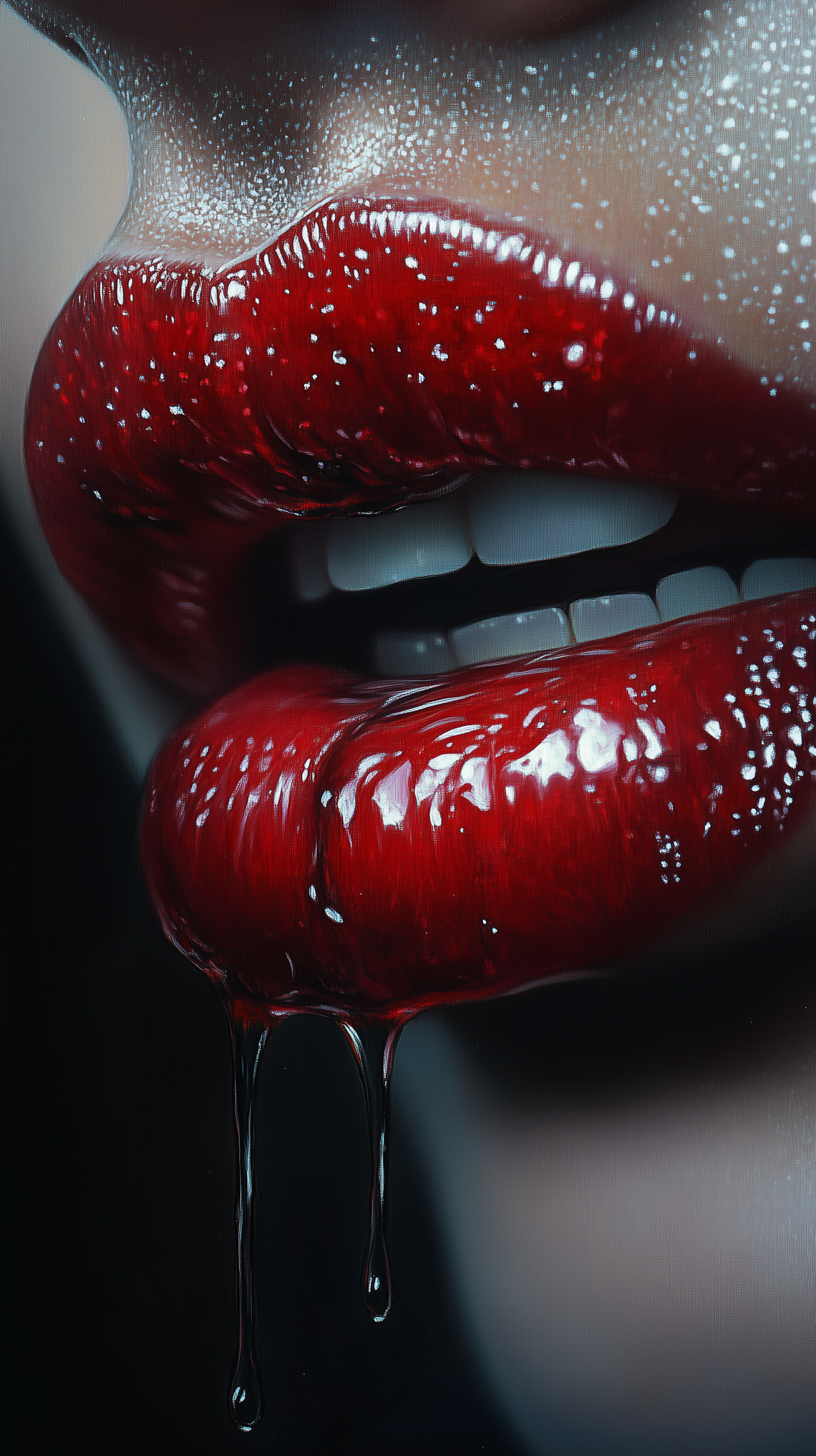 A hyper-realistic oil painting of a vampire girl with red lips, featuring dark amber