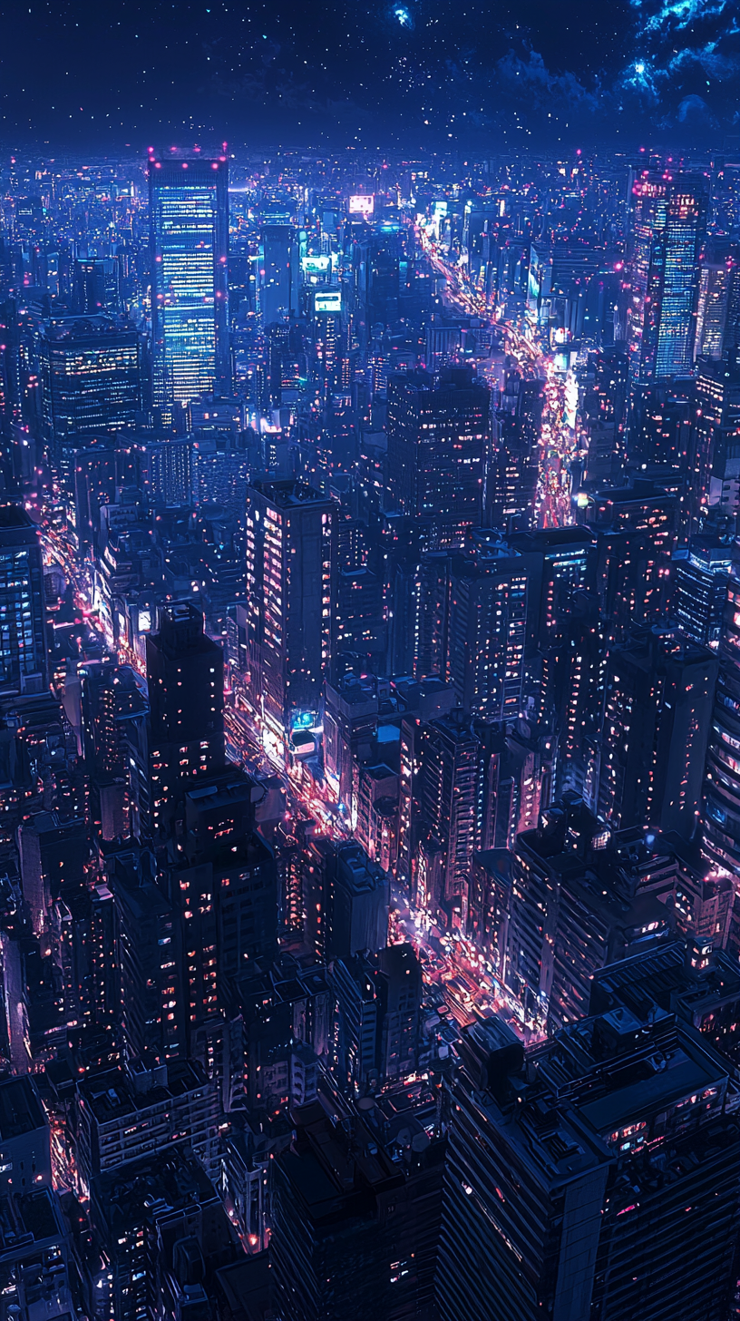 A vast nighttime view of a cityscape with glowing lights and towering skyscrapers stretching into the distance.