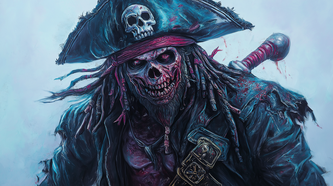 detailed tattoo design of zombie pirate Captain Jack Sparrow with skull and crossbones on hat, black and gray shading