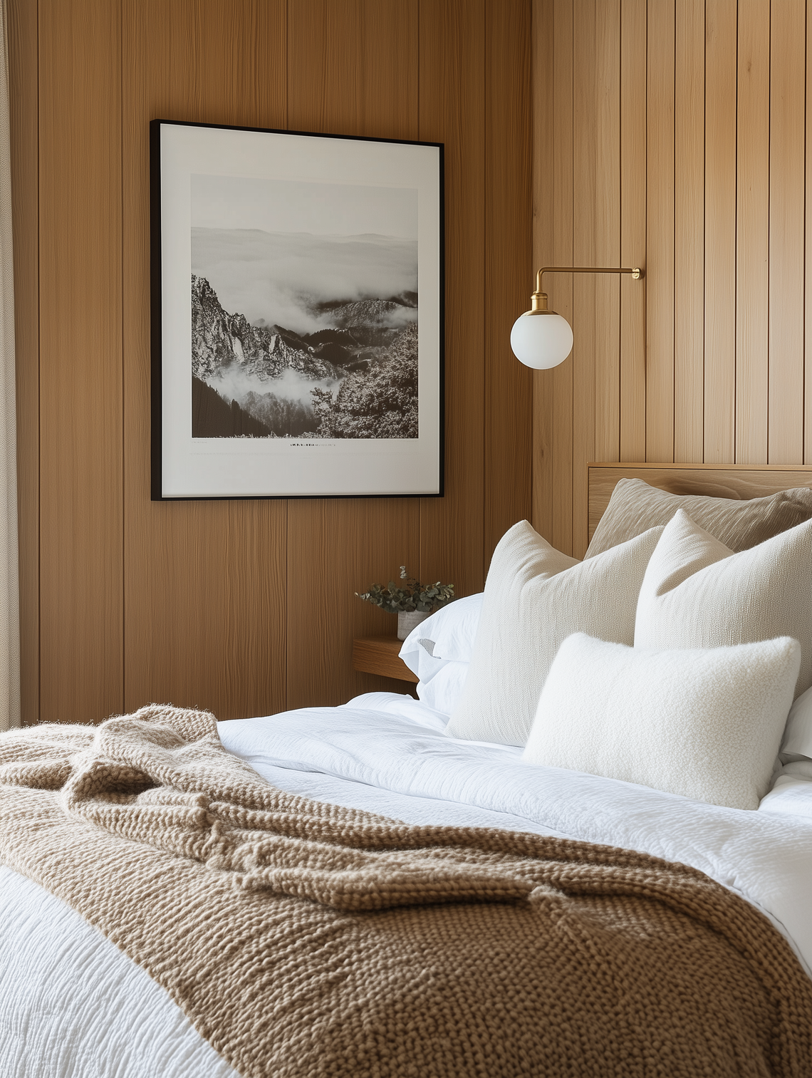 A cozy, minimalist bed with wood paneling backdrop, in a Japandi-style bedroom.