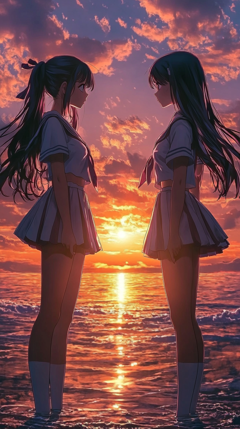 Cartoon of Japanese high school girls with long hair in sailor uniforms, standing on a beach at sunset.