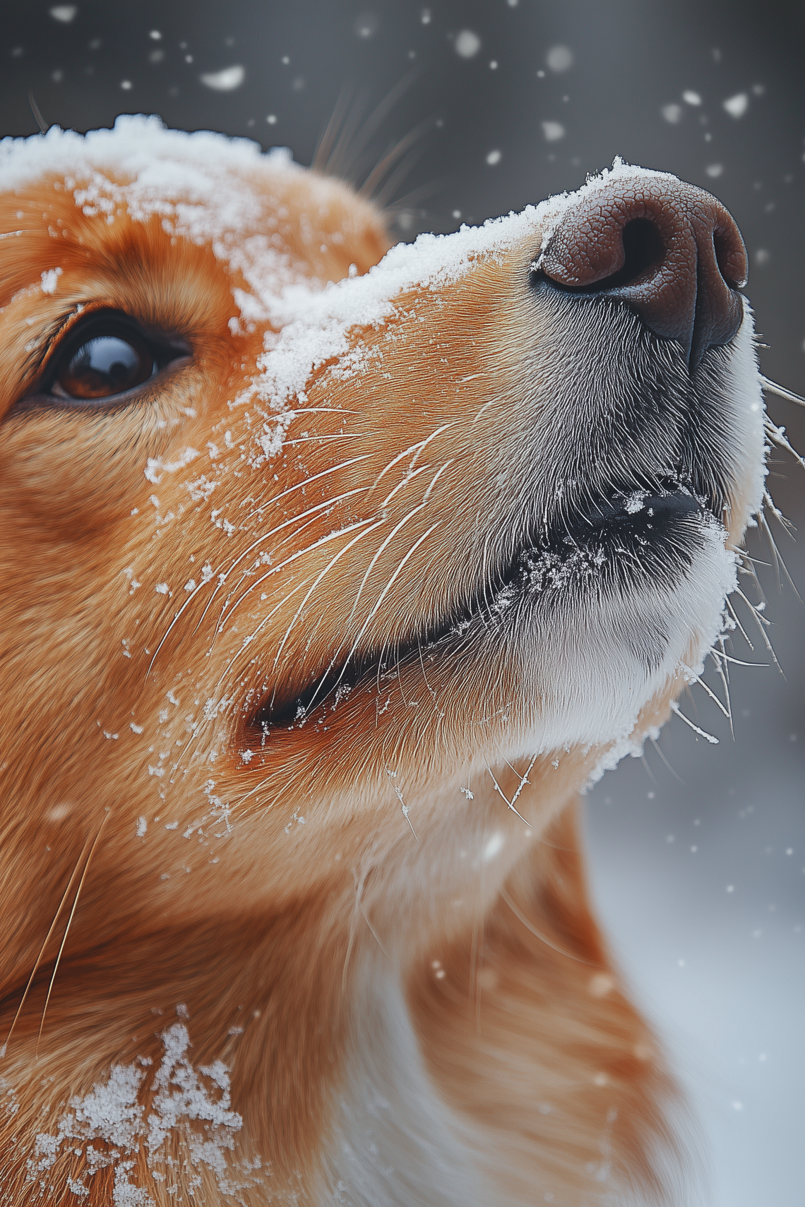 Close-up of dog eating snow with snowflakes on fur, joyful expression in winter landscape