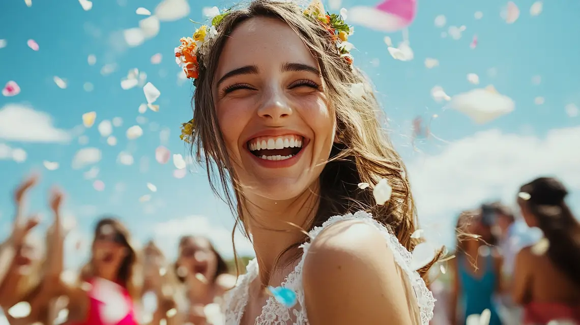 Jess smiling joyfully at a daytime party, with a clear sky background.