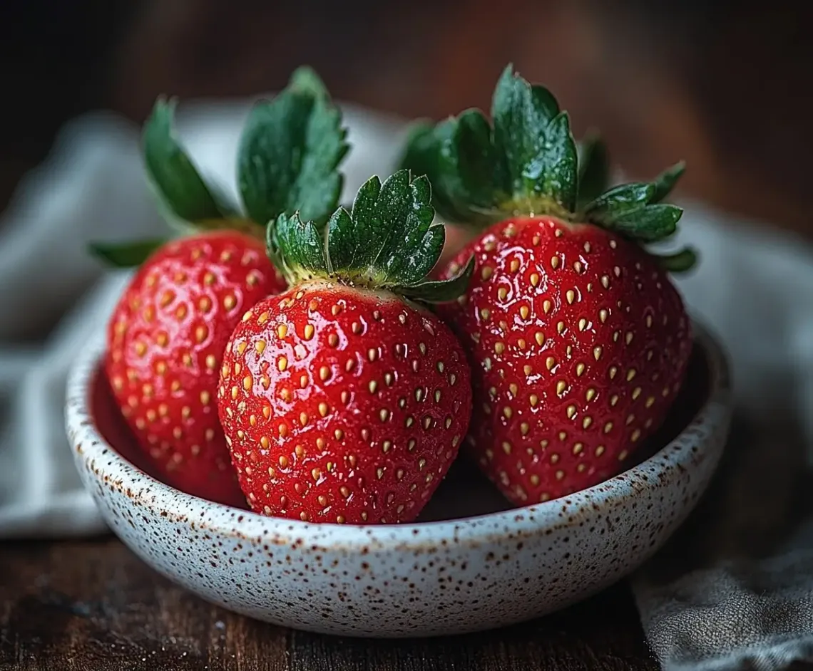 Bowl of fresh, ripe strawberries on a dark wooden table, highlighted by warm lighting.