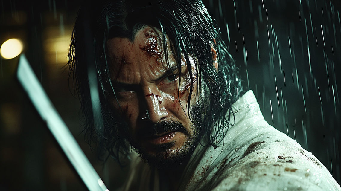 Low-angle shot of Keanu Reeves as a samurai in a dark, rainy scene, holding a katana with determined expression