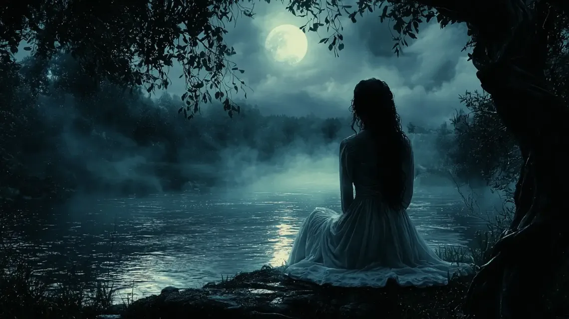 La Llorona by misty river, wearing white dress in dark Gothic landscape.