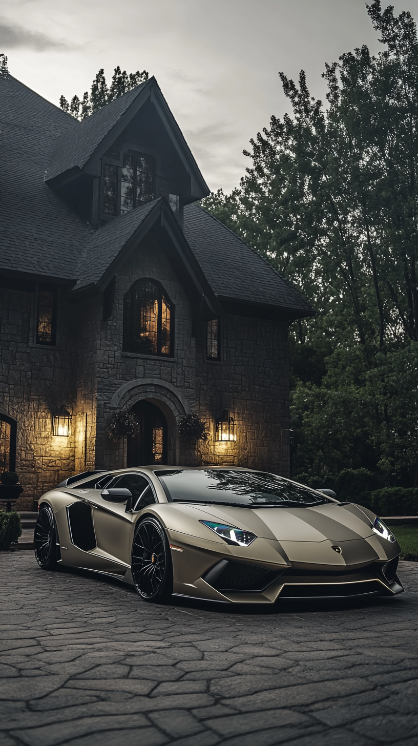 Front-angle photo of Lamborghini Aventador parked in driveway of luxury dark-toned house