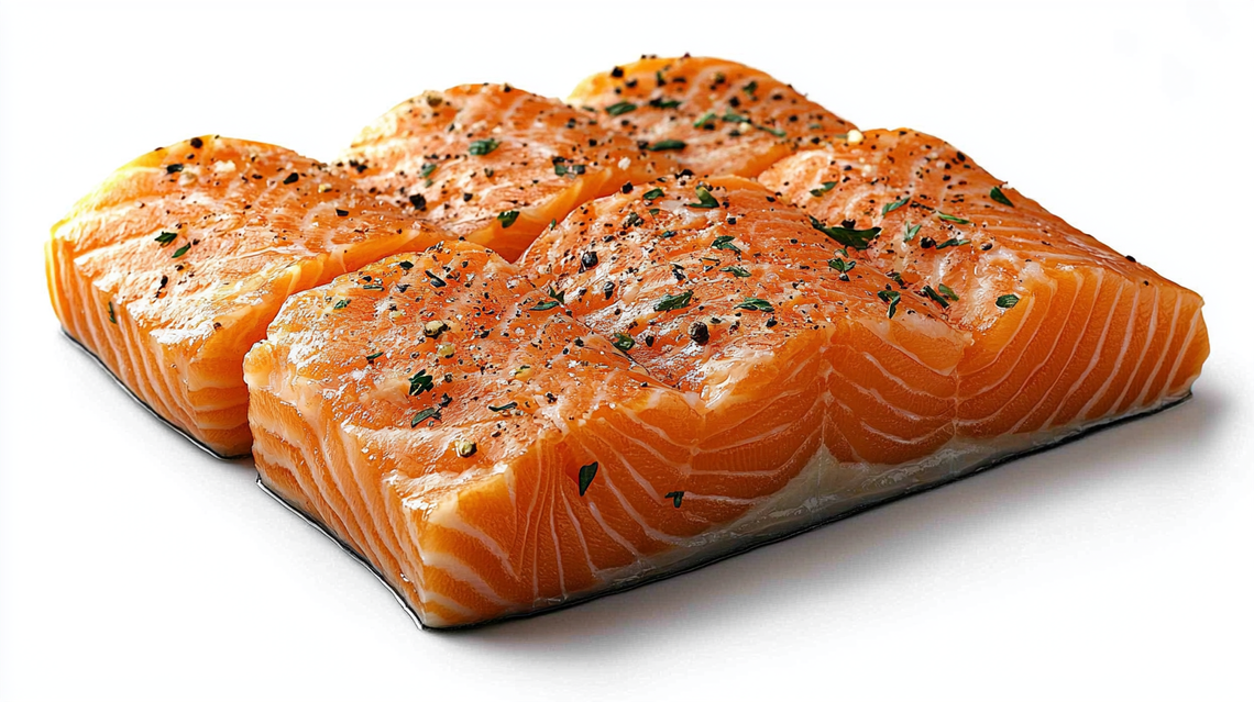 Layered slices of salmon with soft shadows on a white background, highlighting rich color and texture.